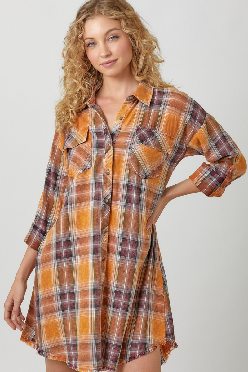 ミストレアス Fur Sleeve Plaid Shirt Dress Fur Sleeve Plaid Shirt Dress - MISTREASS