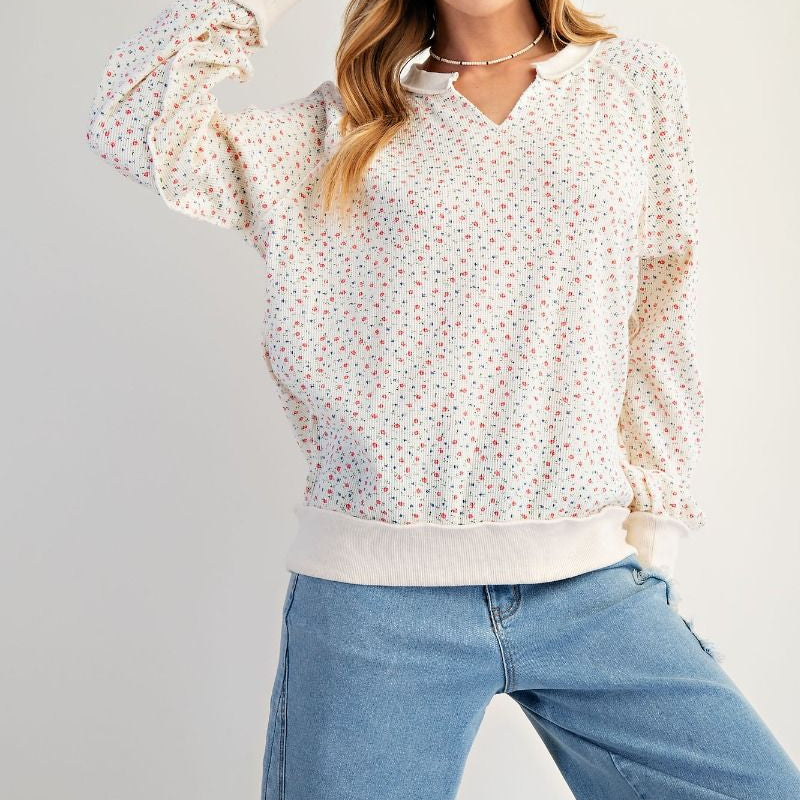 Floral Print Washed Thermal Pullover