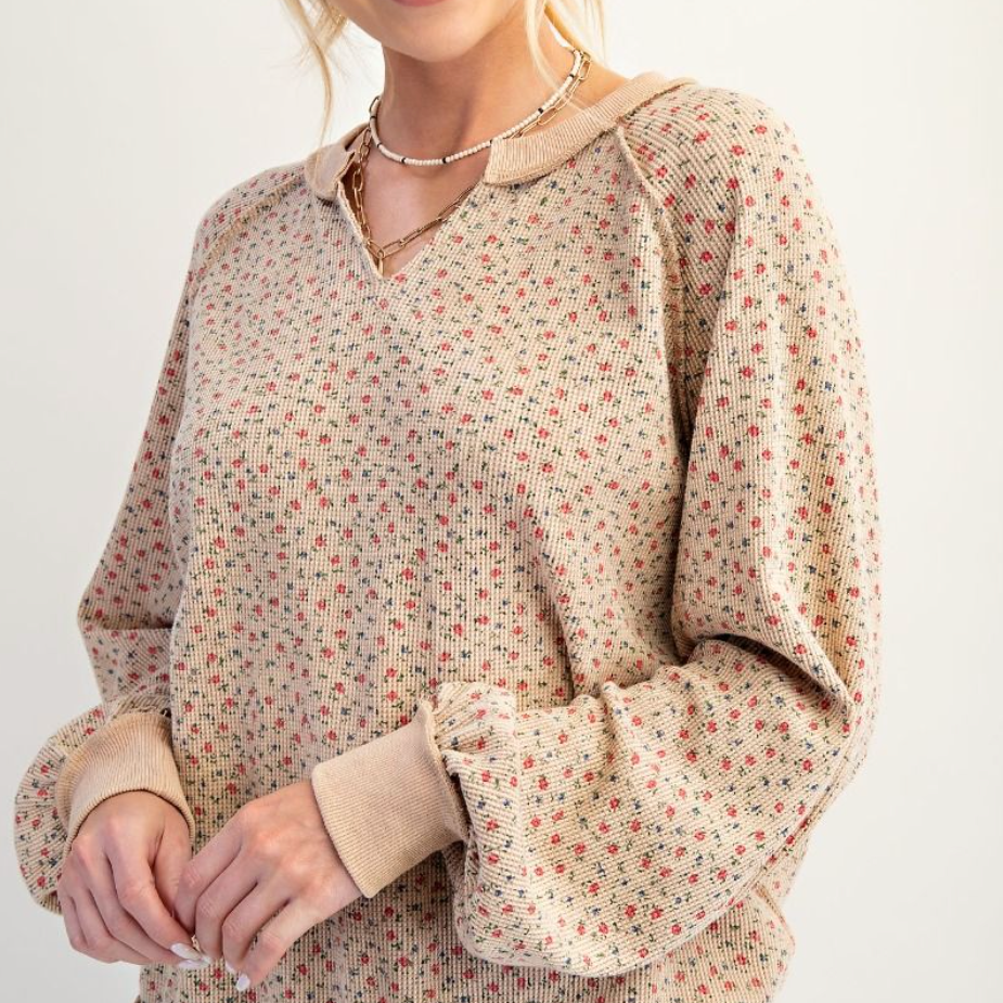 Floral Print Washed Thermal Pullover
