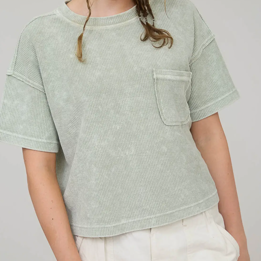 Washed Ribbed Short Sleeve Tee with Pocket