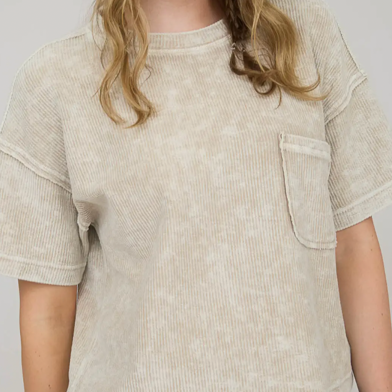 Washed Ribbed Short Sleeve Tee with Pocket