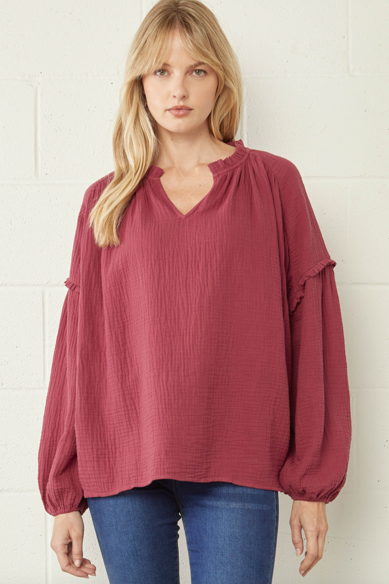 Solid Crinkle V-Neck Long Sleeve Top
