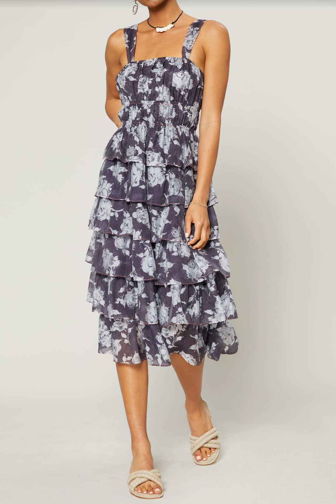 Tiered Dark Navy Floral Dress