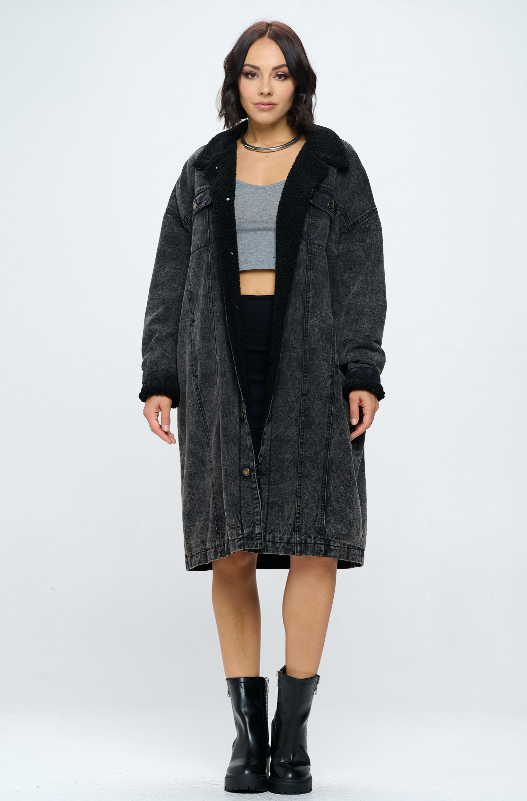 Long Denim Jacket with Sherpa Lining