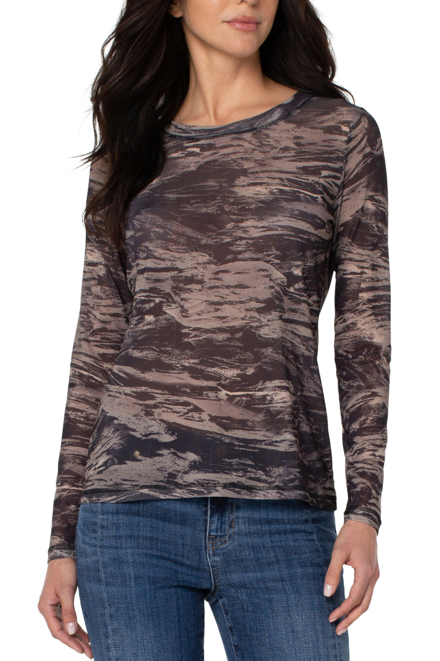 Long Sleeve Printed Mesh Crew Neck Knit Toop