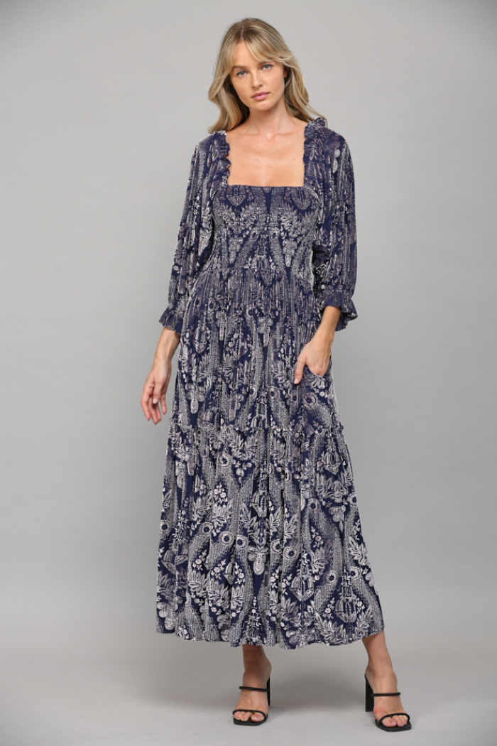Burnout Velvet Square Neck Midi Dress