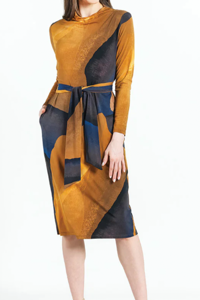 Drape Neck Soft Knit Dress With Attached Belt