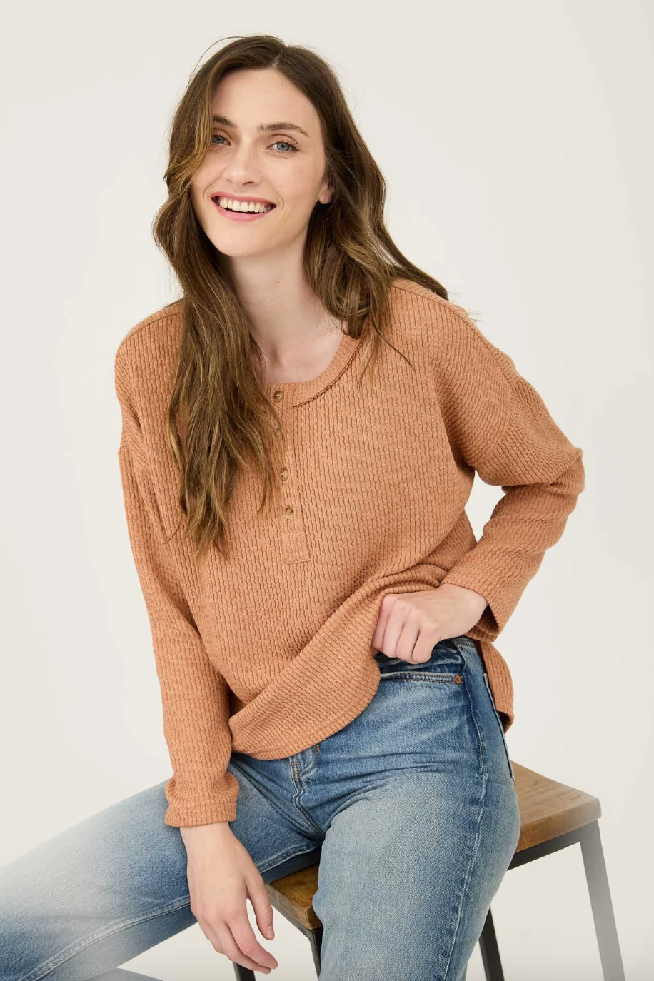 WAFFLE KNIT HENLEY LONG SLEEVE KNIT TOP
